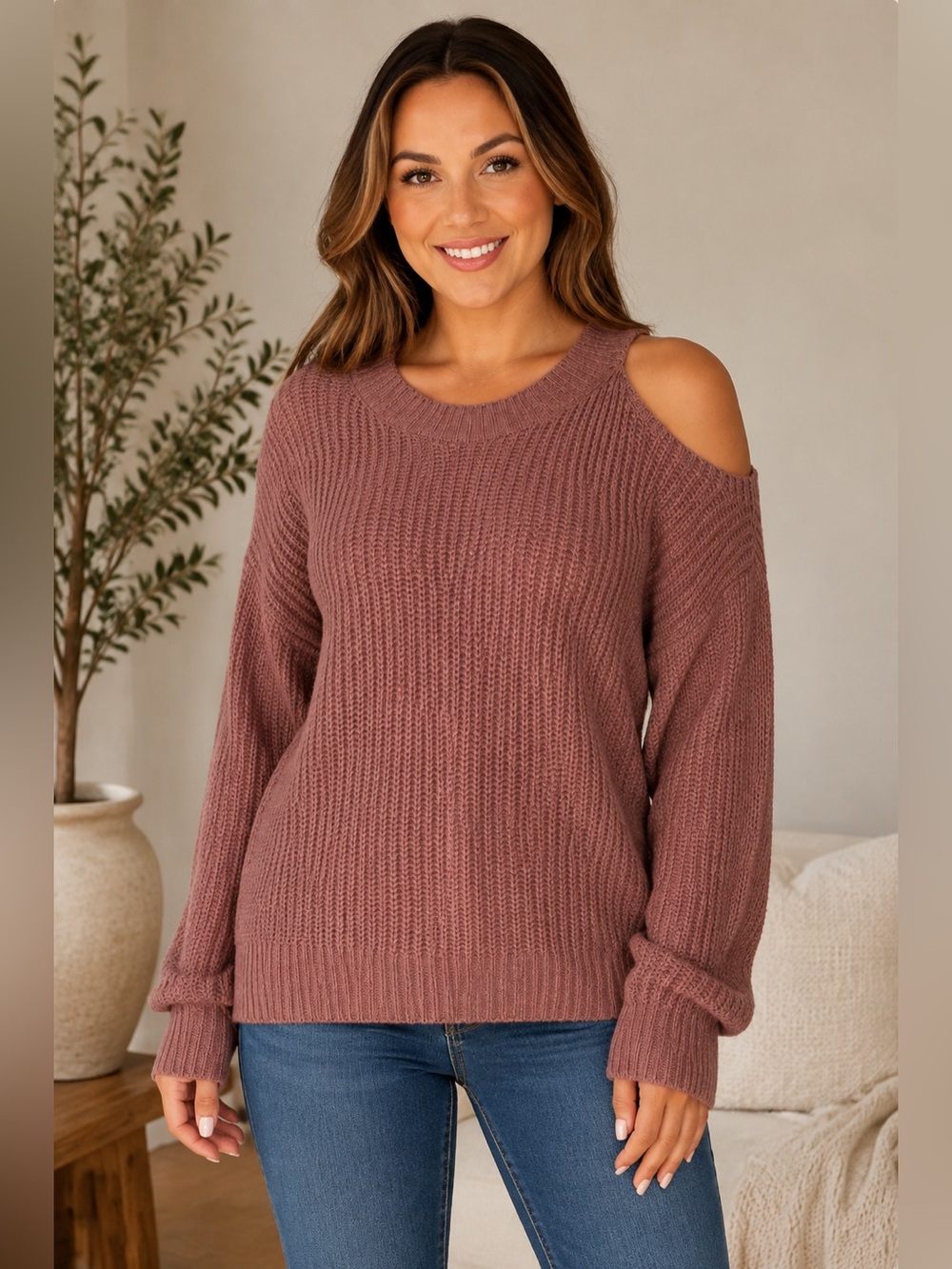 Vigoss Dusty Rose Knit Cold-Shoulder Sweater